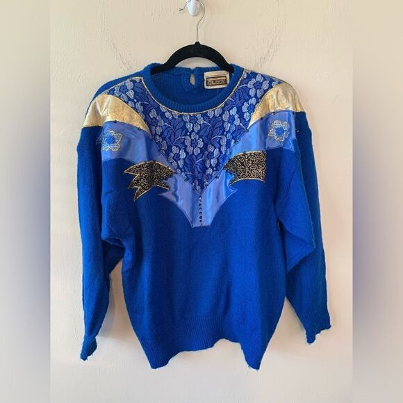 Vintage Anytime Glitz blue and gold 80s embellished sweater size L - Picture 1 of 8